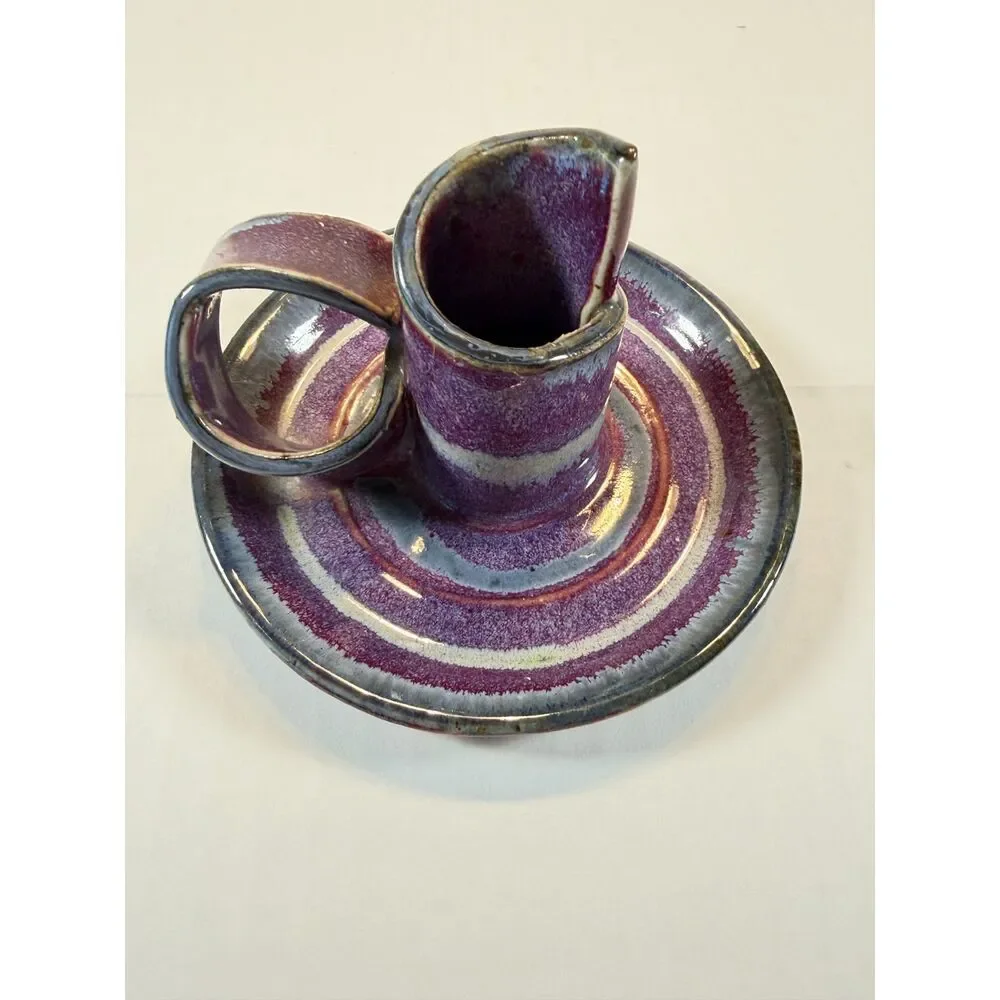 Vintage Bay Pottery Ceramic Chamberstick Candle Holder Purple Blue Drip Glaze